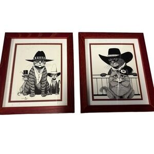 Cliff Ruminer Cats in Hats Framed Art Prints‎ Pair Cartoonist Humor VTG